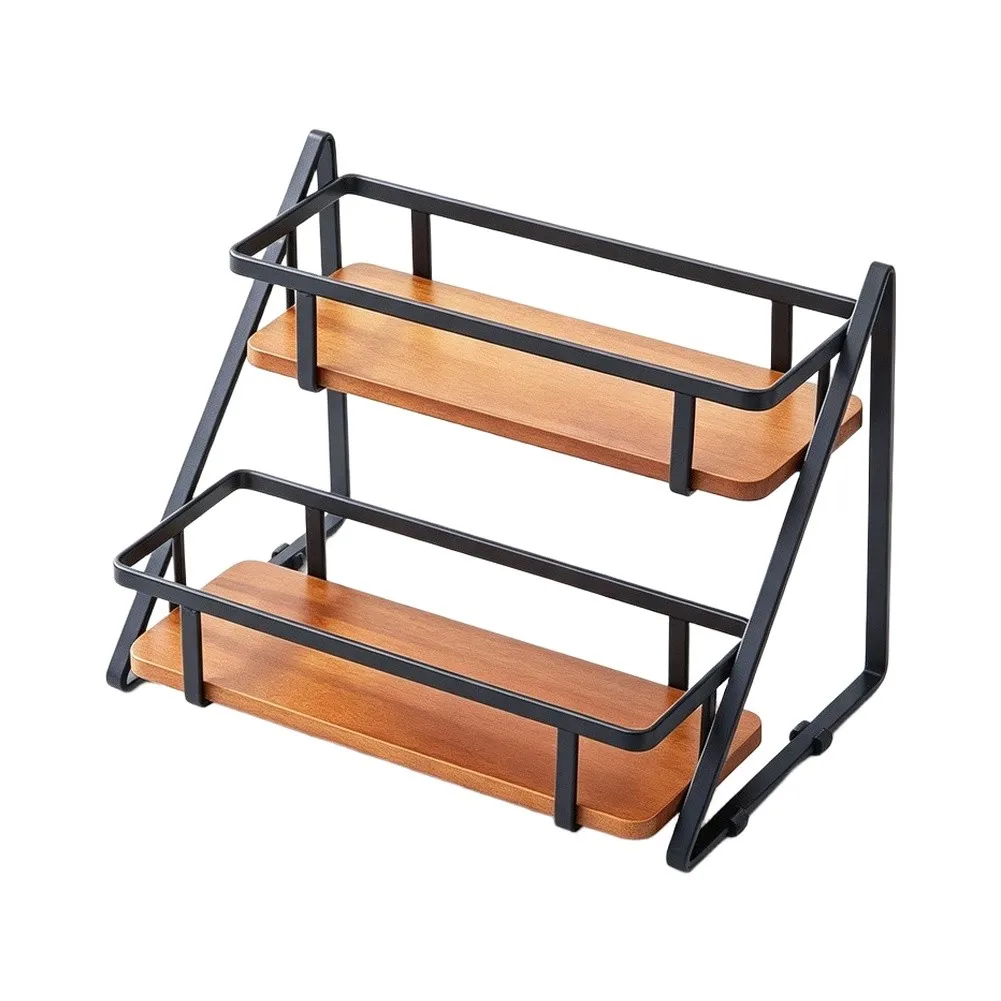 Natural Wood 2 Shelf Storage Rack with Sloped Base for Kitchen Bath Desk Use Spice Makeup and Skincare Organization
