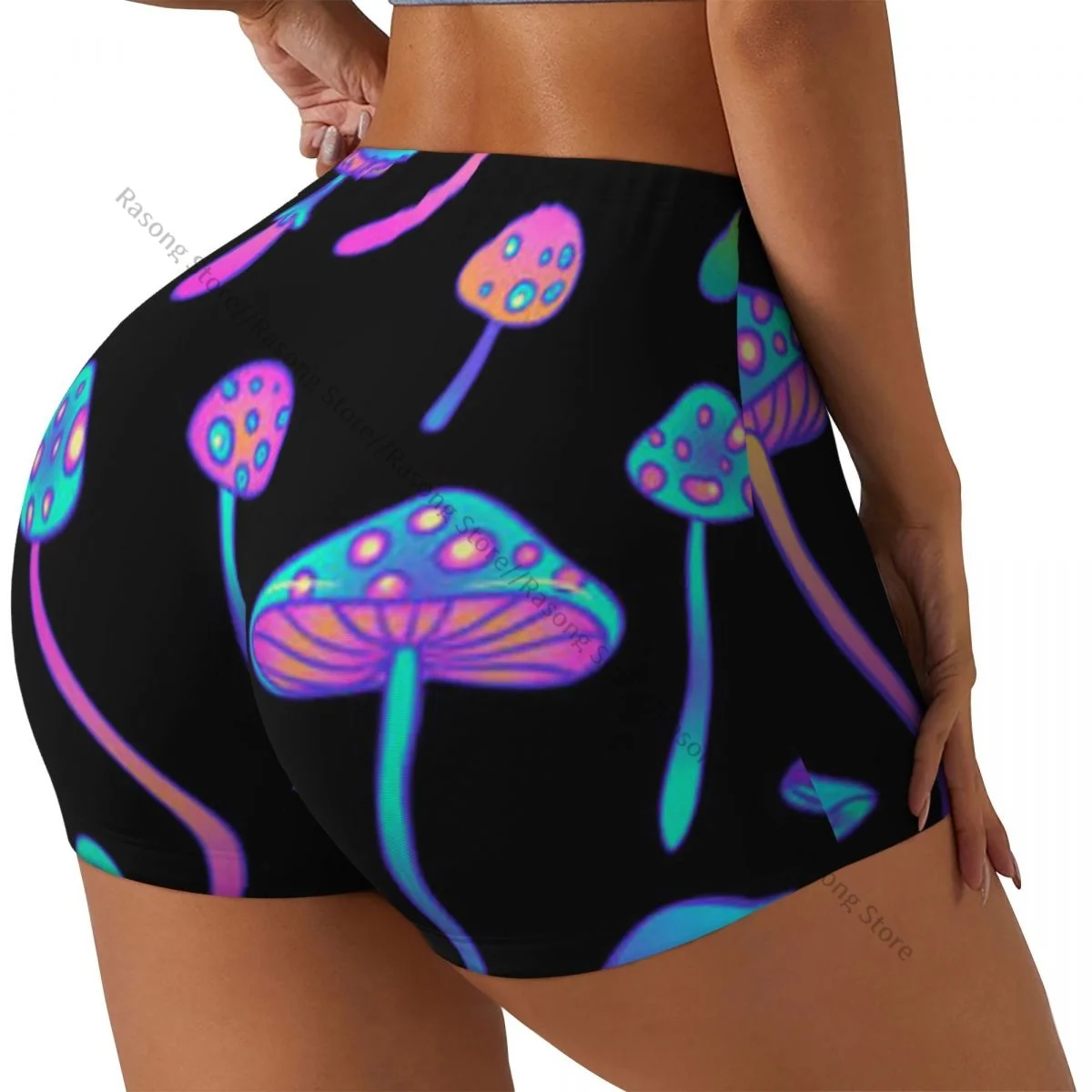 Shorts de ioga de elastano para mulheres, cogumelos mágicos dos anos 60, hippie, arte colorida, shorts de treino