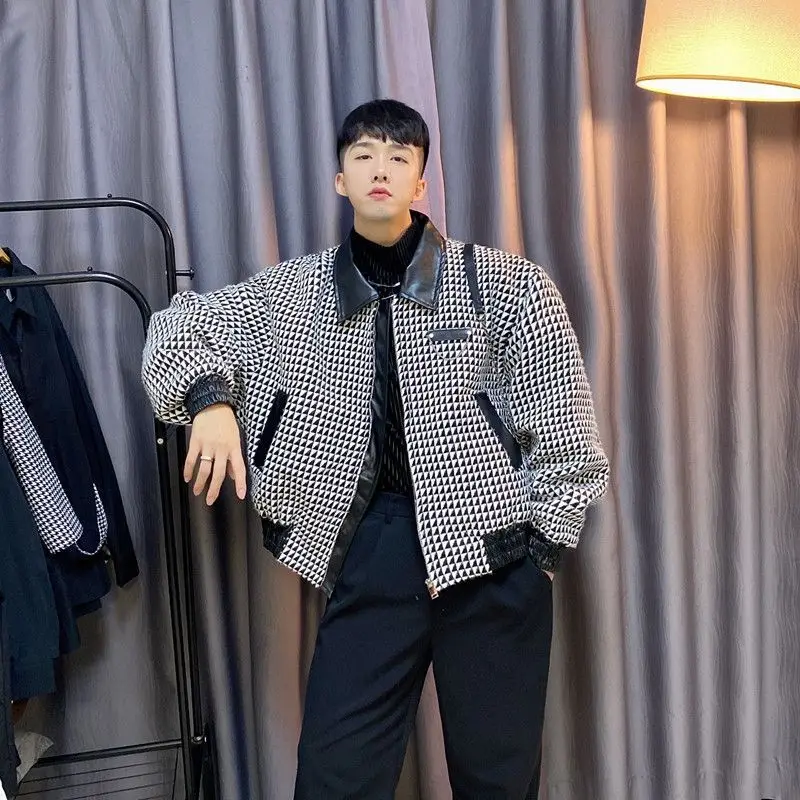 

Autumn design diamond plaid jacket for men's short Korean style leather loose and handsome hairstylist jacket trendy