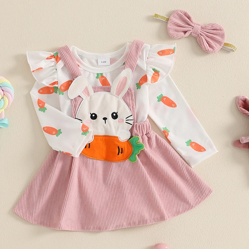 FOCUSNORM 0-18M Lovely Baby Girls Easter Clothes Sets 3pcs Long Sleeve Carrot Romper Bunny Embroidery Suspender Dress Headband