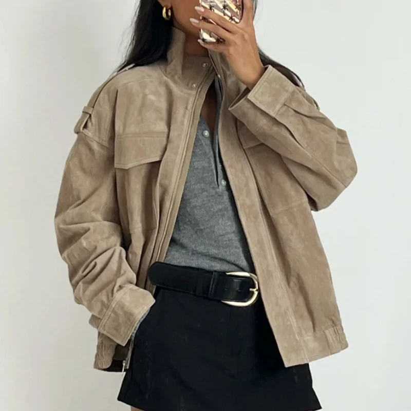 سترة عمل من جلد الغزال بتصميم متخصص وياقة واقفة وسترة فضفاضة مناسبة على طراز الشارع ملابس نسائية عصرية متعددة الاستخدامات للخريف والشتاء #4