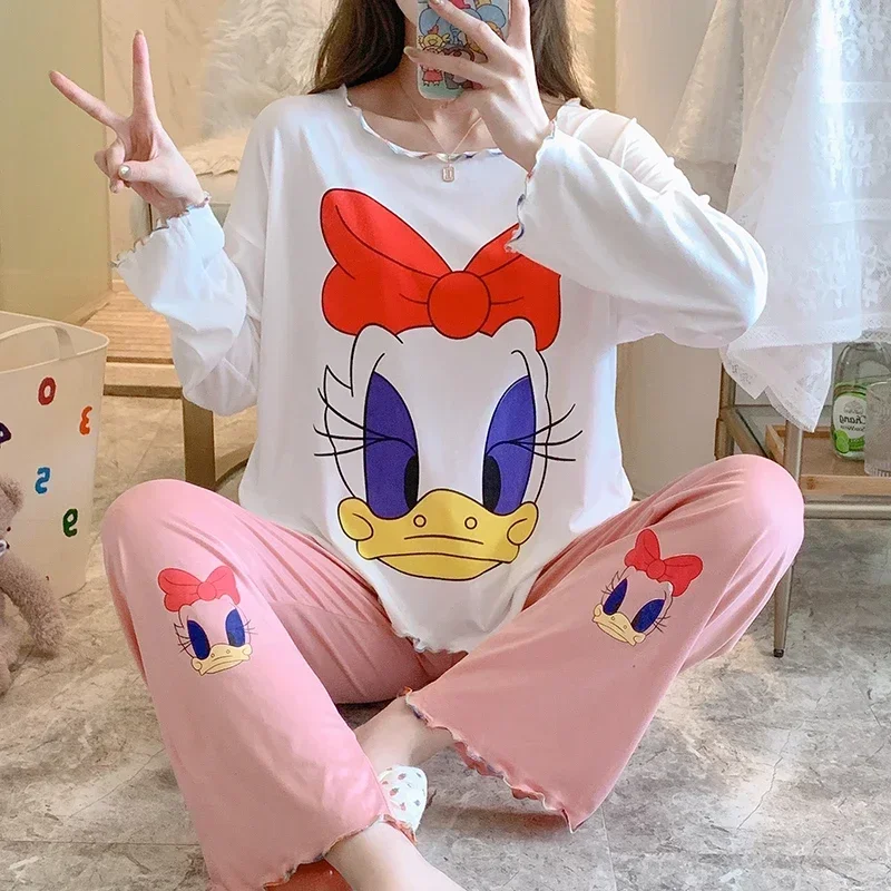 Disney Donald Duck autumn new long-sleeved trousers two-piece set women's pajamas silk pajamas women's cartoon loungewear set