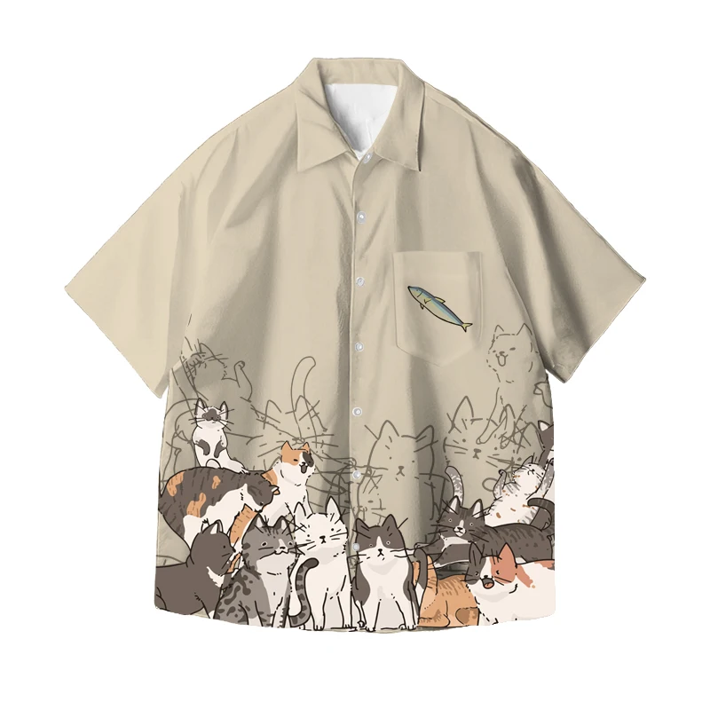 

Casual Print Short Sleeve Shirt 2024 New Style Unisex Summer Hong Kong Style Couple Match Loose Fit Polyester Fiber