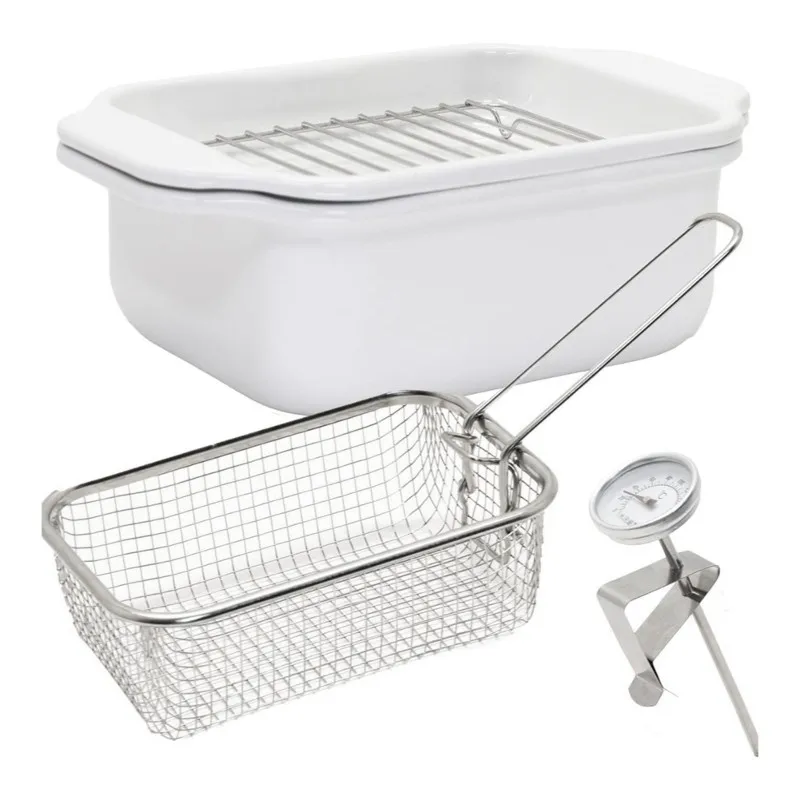 ABZL IH Stove Compatible,1.1L-2L Korean Style Enamel Deep Fryer With Filter Rack And Thermometer- Random Color