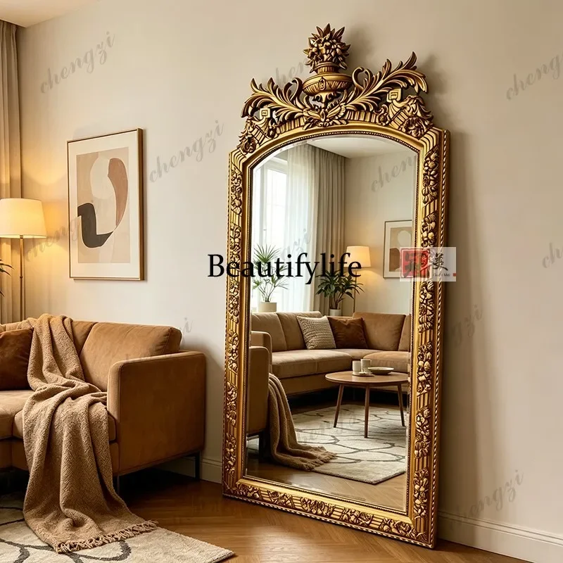 N178 French retro carved heavy industry full-length mirror American luxury floor-to-ceiling full-length mirror against the wall