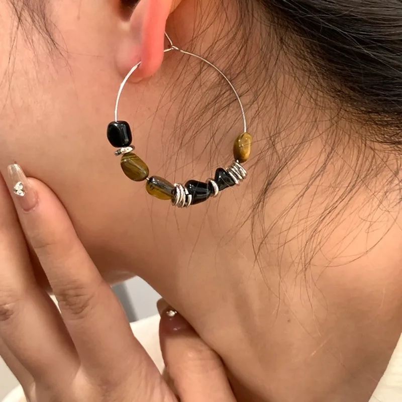 Minar Ethnic Irregular Natural Stone Circle Large Hoop Earrings for Women Real Gold Silver Plated Copper Alloy Holiday Jewelry