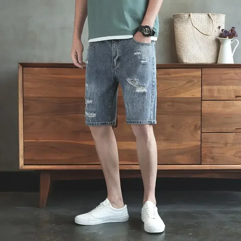 

Male Denim Shorts Bermuda Ripped Half Men's Short Jeans Pants Long Vintage New in Jorts Summer Trend 2024 Harajuku Popular Cut