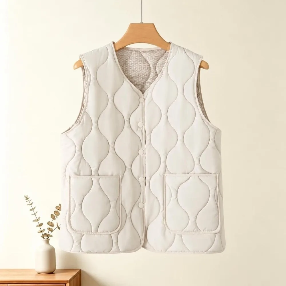 Fashion Snap Button Women's Vest Warm Cotton Fill Sleeveless Cotton Vest Plus Size Loose Waistcoat Casual Daily Wear