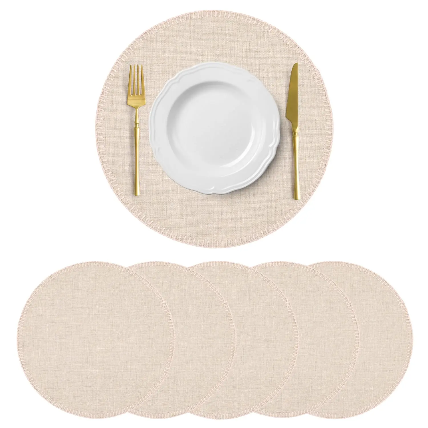 

Round Placemat Linen-Like Cloth Place Mats & Heat-Resistant for Dining Table - Ideal for Family,Daily Use,Holiday Gathering 15''
