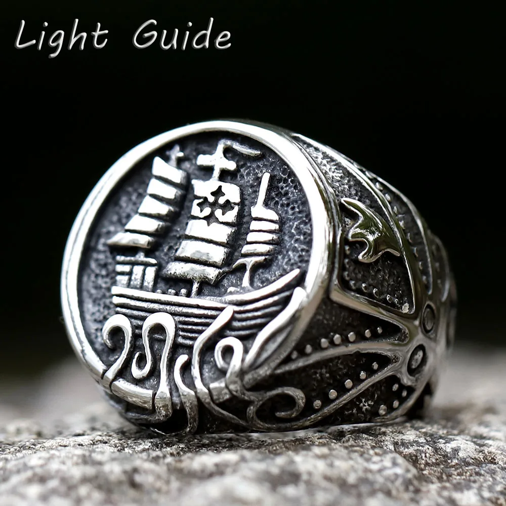 NEW Men's 316L stainless steel ring Nordic viking Sailboat Pirate Compass Anchor amulet Jewelry for gift free shipping