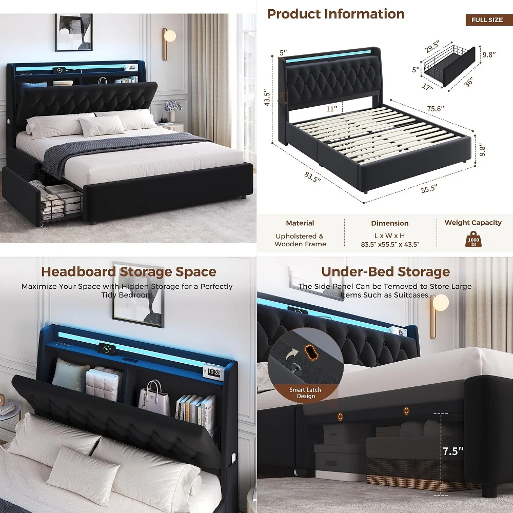 

King Floating Bed Frame, Farmhouse Bed Frame with Recline Headboard, No Box Spring Needed Noise Free, Platform Bed with LED Lig