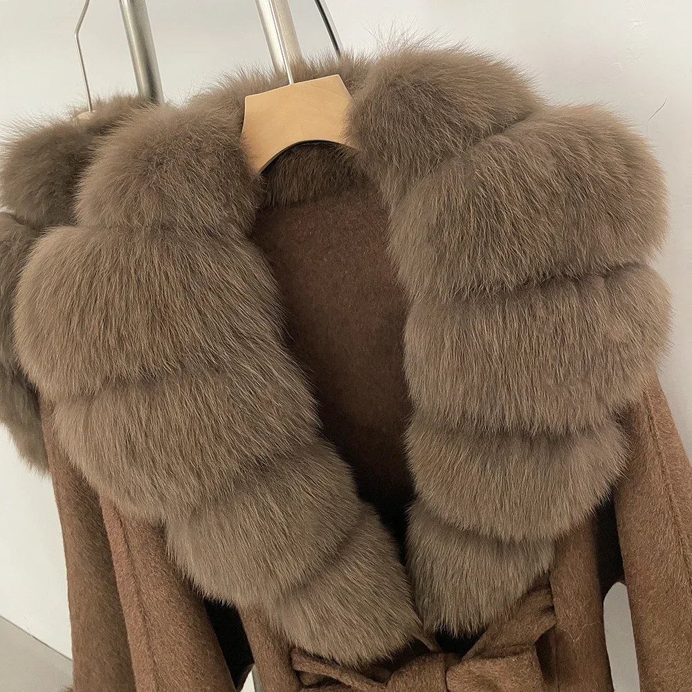 OFTBUY Luxuriöser Echtfuchs-Pelzkragen Wollmantel für Damen Neue Herbst-Winter-Kleidung mit Natürlichem Pelzgürtel 100% Wollmantel für Frauen – Detail 5