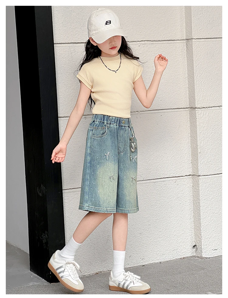 Neue Modische Kinder-Knielange Jeans-Shorts mit Schleife und Strass für Teenager-Mädchen, Lässige Capri-Jeans mit Schleife – Detail 8