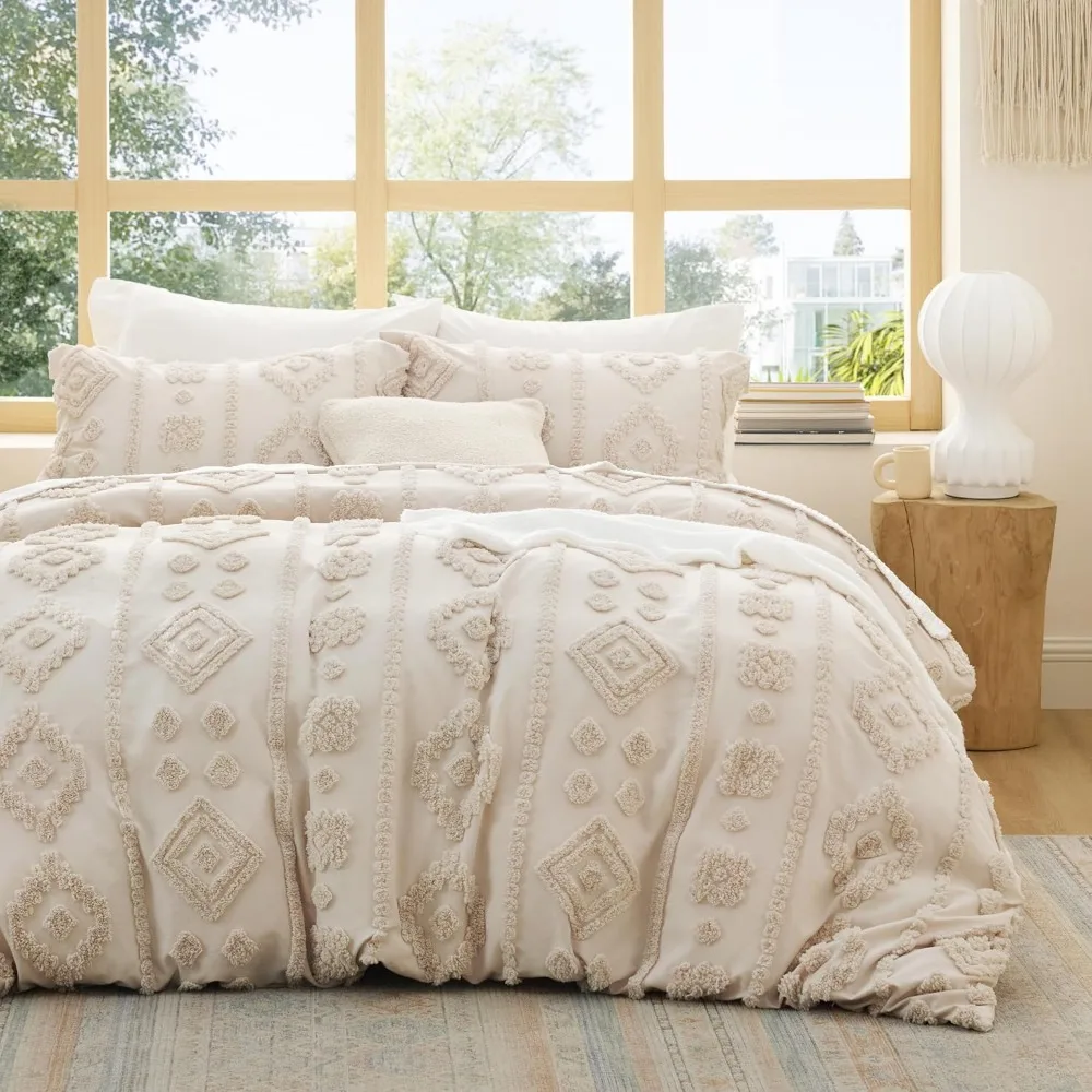 

Queen Size Boho Duvet Cover Set - Beige Embroidered Farmhouse Style Bedding, Shabby Chic for All Seasons, 3 Pieces