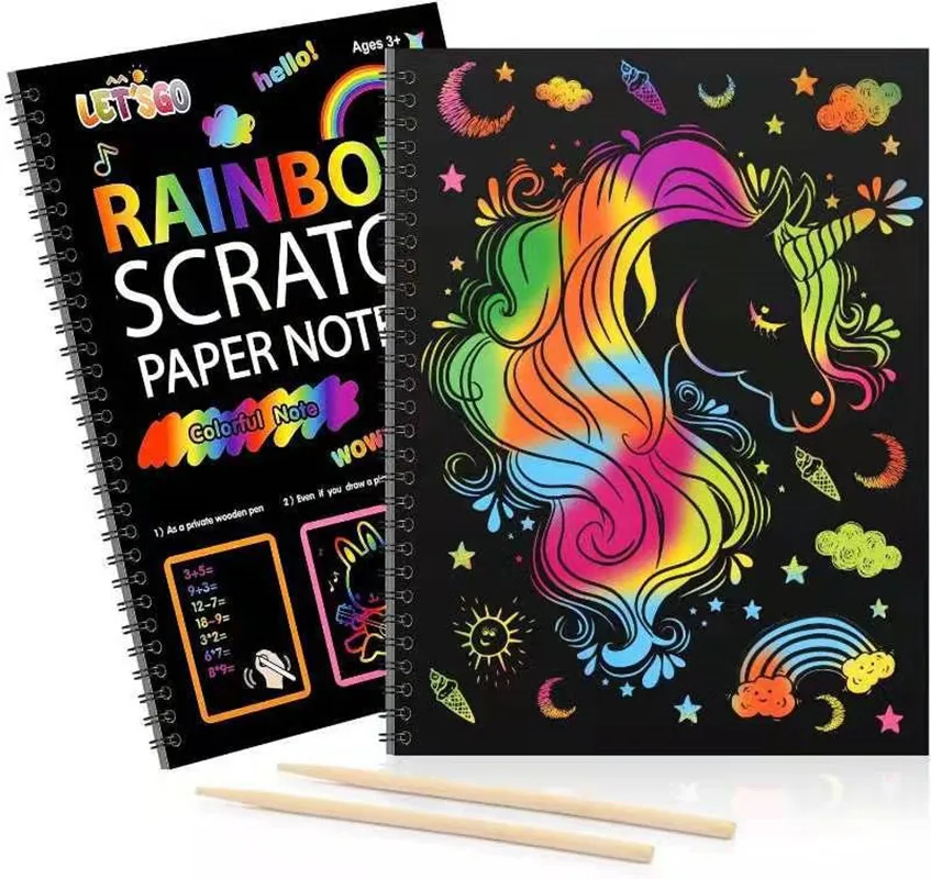 

DIY Children Magic Rainbow Color Scratch Art Paper Card Set With Graffiti Stencil Drawing Board Stick Painting Educational Toys