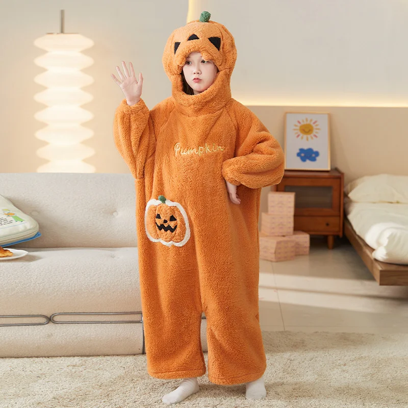 Halloween Funny Pumpkin Pajamas One-piece Cral Fleece Thick and Warm Home Wear Autumn Winter for Women