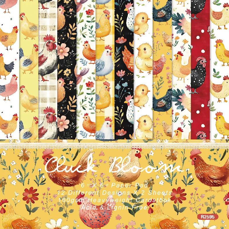 Cluck Bloom Farm Chicken Floral Print 6X6 Paper Pad Scrapbooking Cardstock Journal Background DIY Craft Embellishment