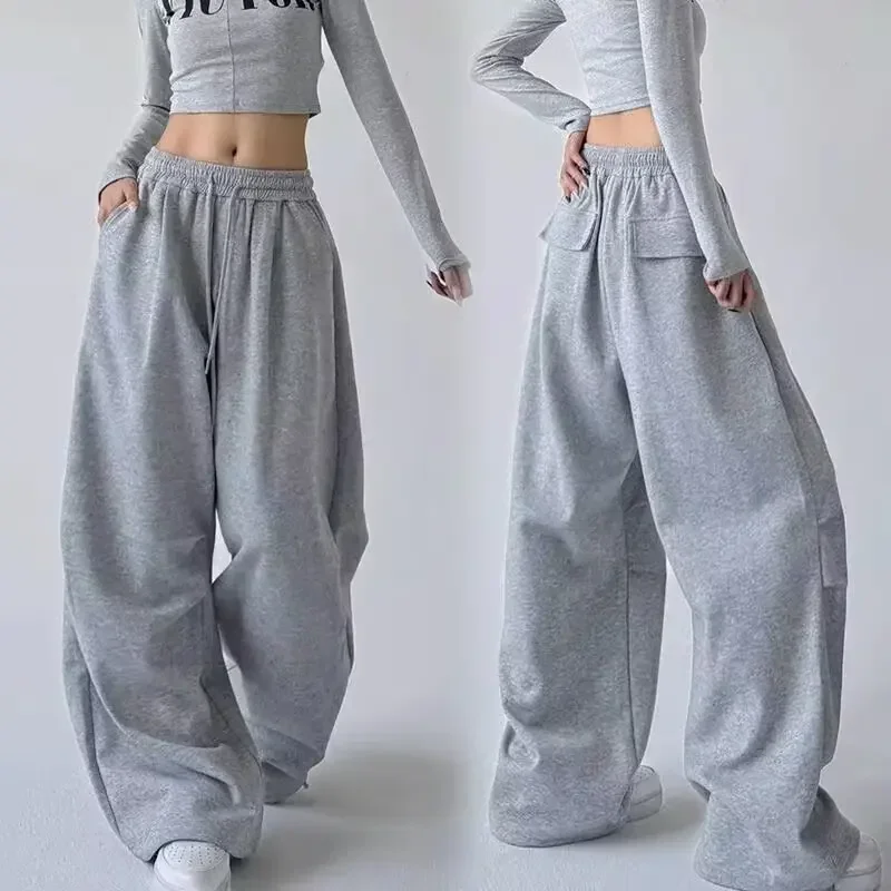 

Pop American Grey Hip Hop Wide Leg Straight Floor-Length Pants Women's Loose Casual Sports Sweatpants Draping Sensation Lazy Sty