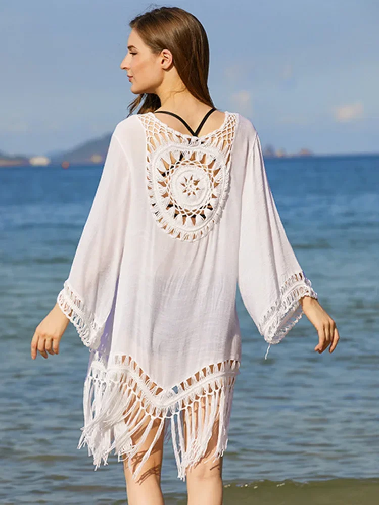 Nuevo sólido ahueca hacia fuera el Bikini cubrir las mujeres playa encubrimientos de manga larga borla Vestido de playa novedad de verano moda femenina ropa de playa