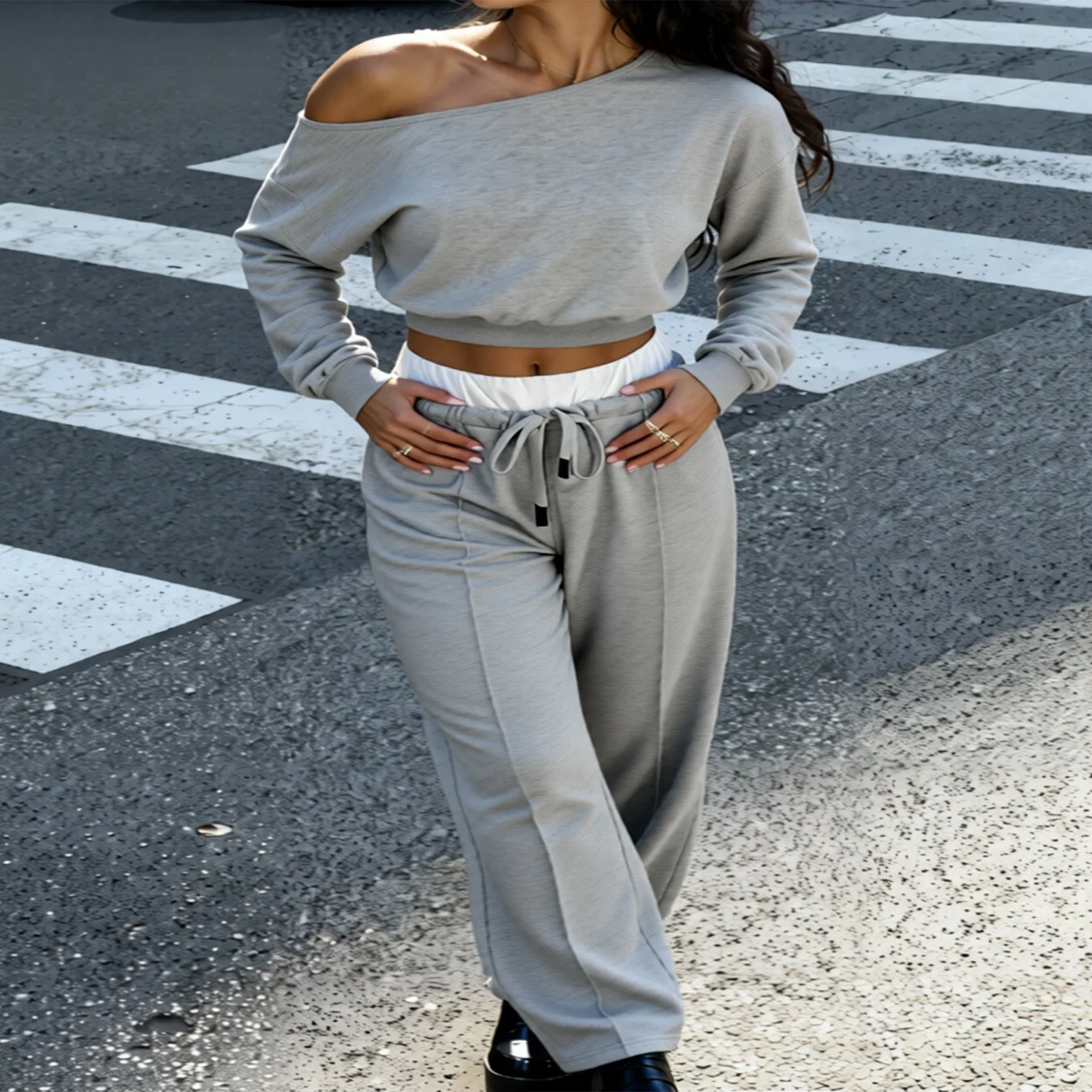 Women's spring and autumn casual style light grey single-shoulder off-the-shoulder set, wide-leg pants two-piece set, casual
