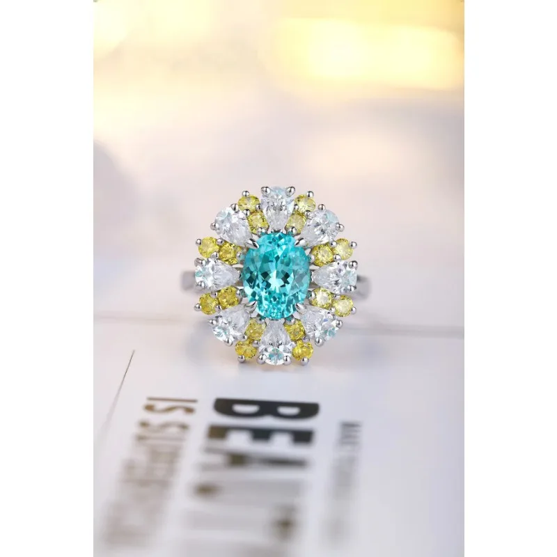 Ruihe Custom Silver 925 Lab Grown Paraiba Sapphire about 3.07ct with Zirconia Couple Ring Yellow Color Fashion Jewelry for Women