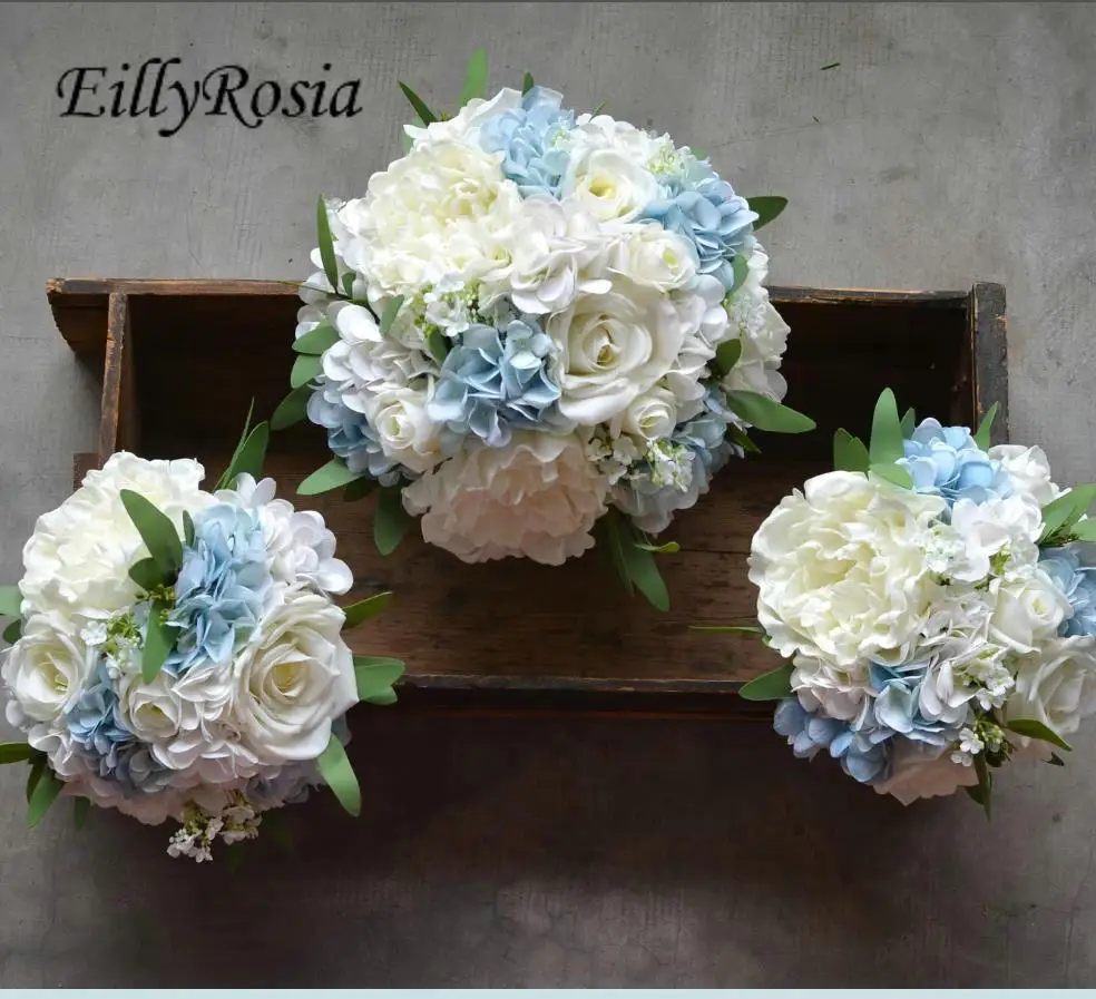 

EillyRosia Blue White Beach Wedding Bouquet for Bride Bridesmaid Holding Flowers Set Boutonnieres Corsages Wedding Accessories