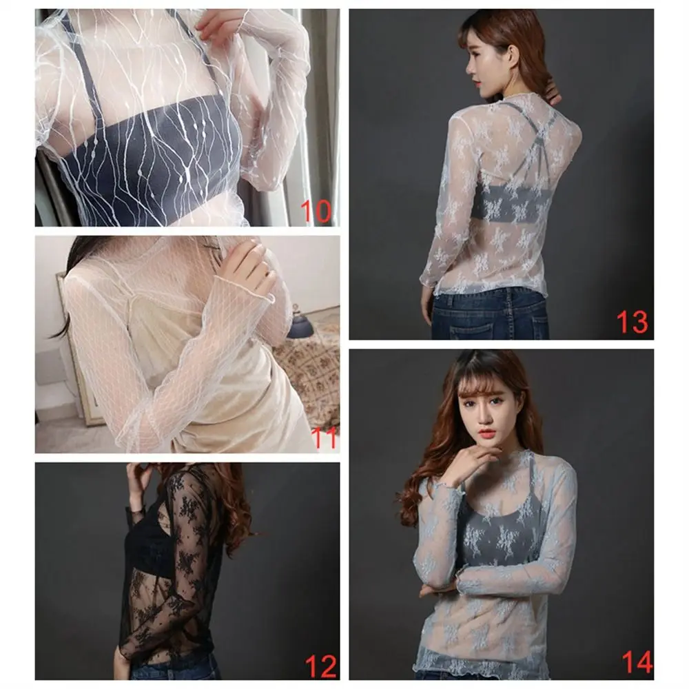 Casual Top See-Through Lace T Shirt Mesh Fishnet Turtleneck Mesh Ladies Tops Floral Sheer Black Transparent T-shirt Autumn Club