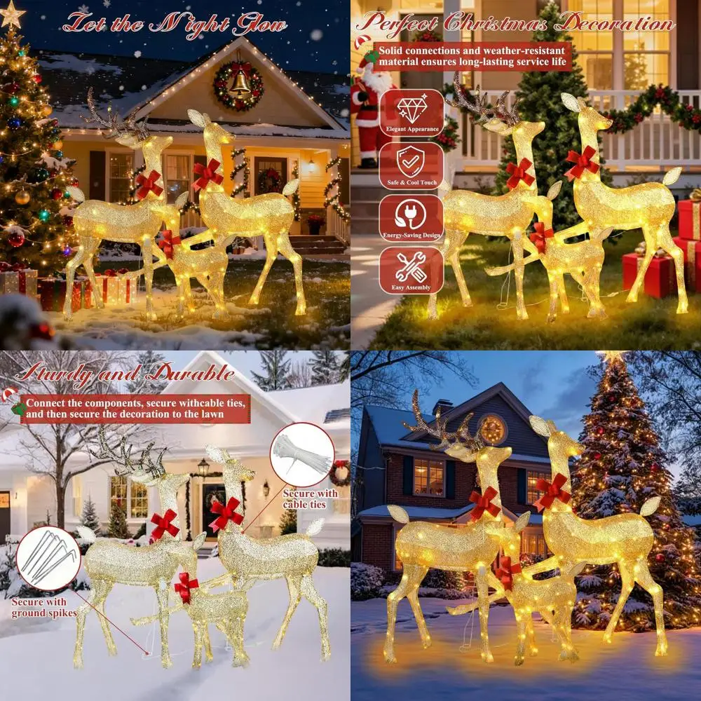 

Illuminated Outdoor Christmas Reindeer Trio - Gold Deer with Red Bow, 360° LED Lights, Windproof for Yard and Garden