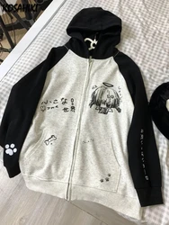 Japanese Contrast Color Hooded Tops Women Y2k Aesthetic Cartoon Print Grunge Hoodie Casual Zip Up Sweatshirt Harajuku Streetwear