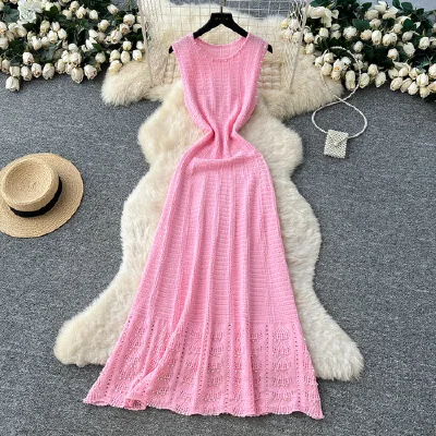 

Elegant Knitted Maxi Dress for Women Chic Summer O-Neck Sleeveless Crystal Beading Sweater Dress Fashionable Lady Party Vestidos