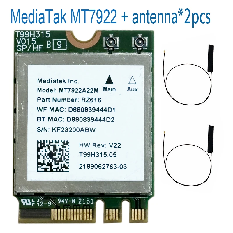 MT7922 Wi-Fi 6E wireless LAN card 2400Mbps wifi network card 2.4G 5G 6G 802.11AX M.2 NGFF for Bluetooth 5.2 MU-MiMO adapter