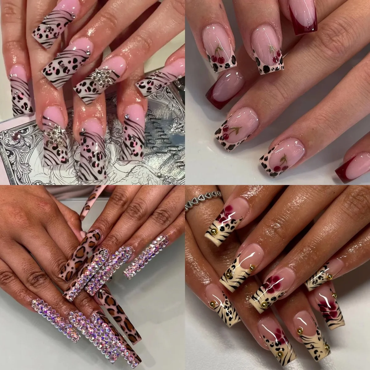 

Cute Cherry Leopard Print Square Fake Nails Art Star Gold Bead Rhinestones Ballet False Nails Charms Press on Nails for Manicure