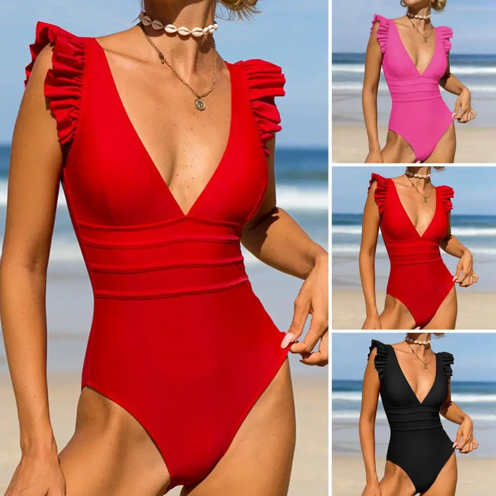 Monokini une pièce avec col en V profond pour femme, bord à volants, poignées, coussinets amovibles, surf, confort