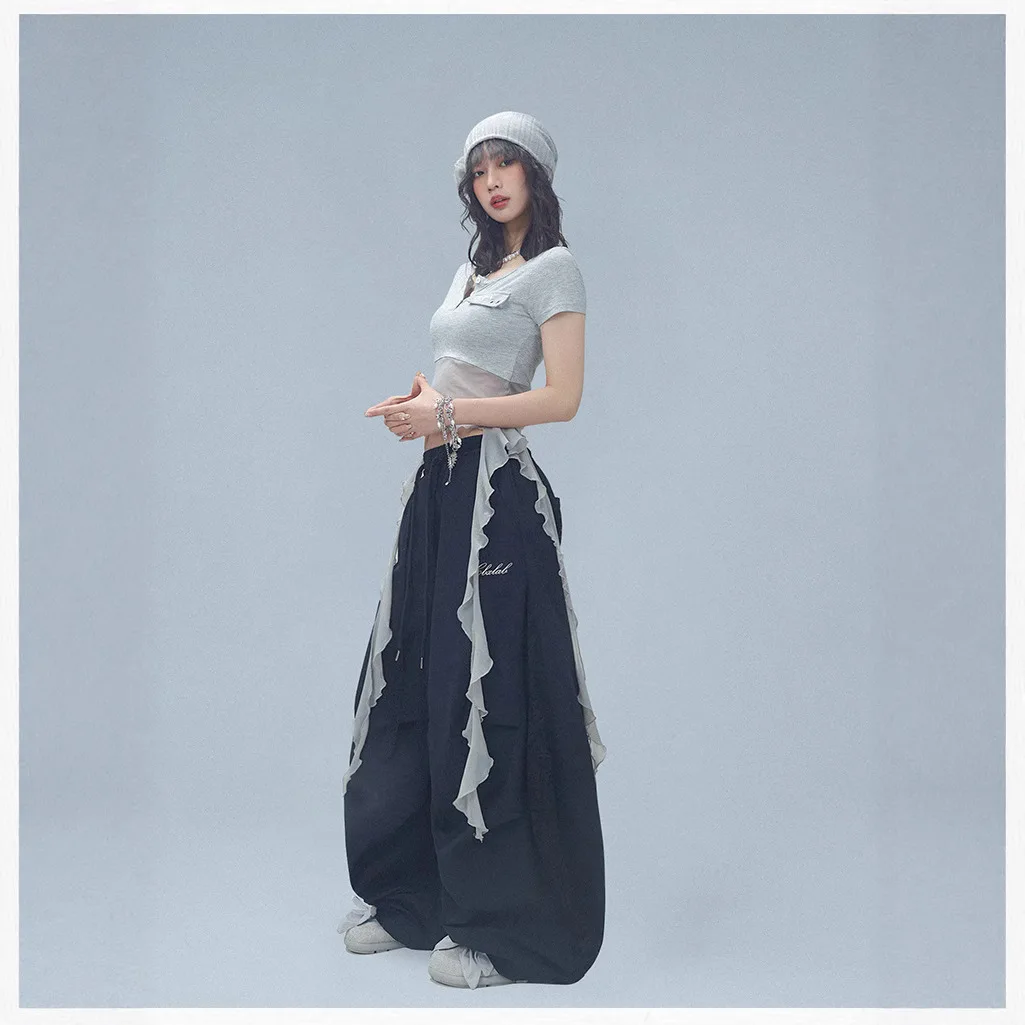 American Street Dance Summer Curved Knife Pants Women's Lace Patchwork Jazz Sports Pants Hip-hop Wide Leg Pants