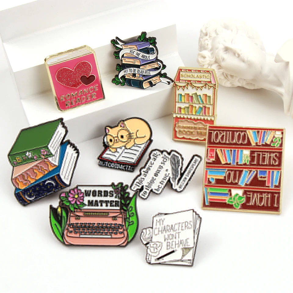 Cute Books Collection Letters Metal Enamel Pins Romantic Reader Club Magic Flowers Library Card Badge Punk Brooch Jewelry Gift