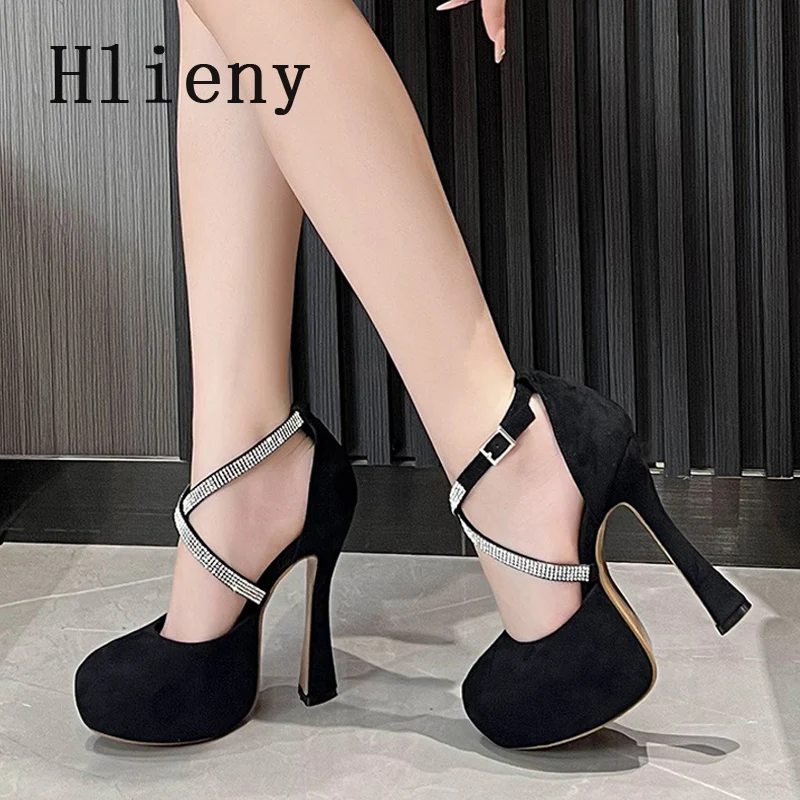 

Hlieny Runway Style Brand High Heels Women Pumps Fashion Crystal Ankle Strap Platform Chunky Party Prom Shoes Female Sandals