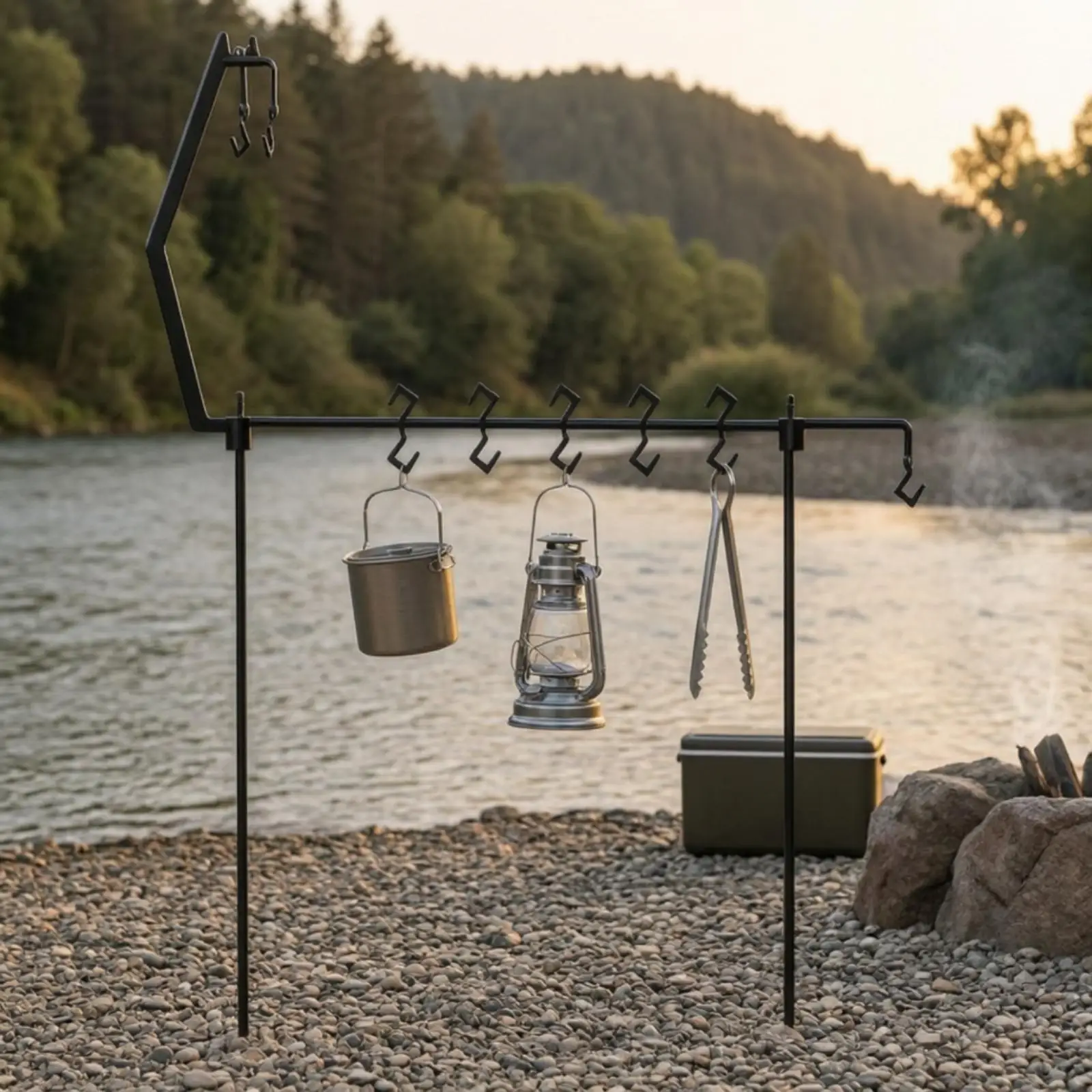 Easy Setup Outdoor Lamp Stand Black Iron Hanging Hook Rack for Camping Lantern Cookware Picnic Lighting