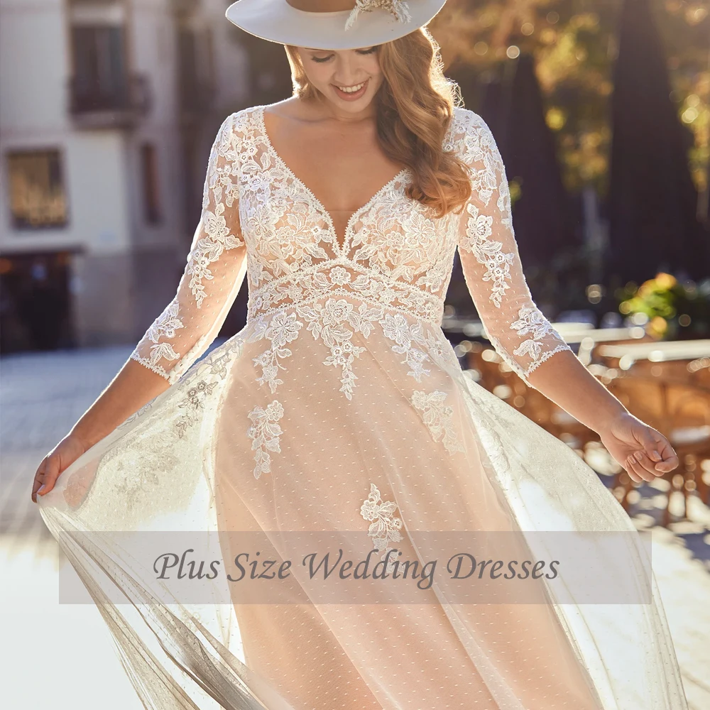 Klassische A-Linie Brautkleider in Übergröße, V-Ausschnitt, 3/4-Ärmel, Brautkleider, Applikationen, Illusion, Sweep-Zug, Tüll, Vestidos de Novia