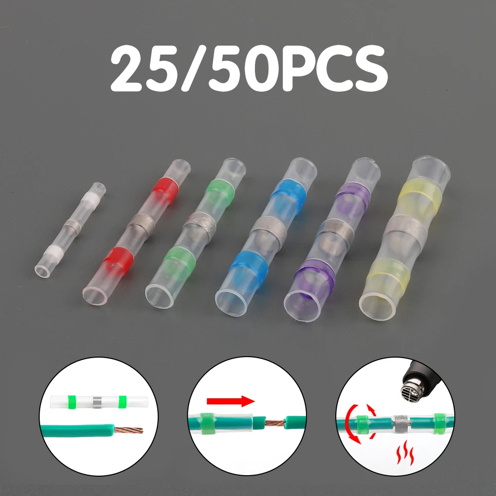 

25/50PCS Heat Shrink Wire Connectors Solder Seal Butt Waterproof Insulated Splice Terminal Kit Electrical Cable Crimp Terminals