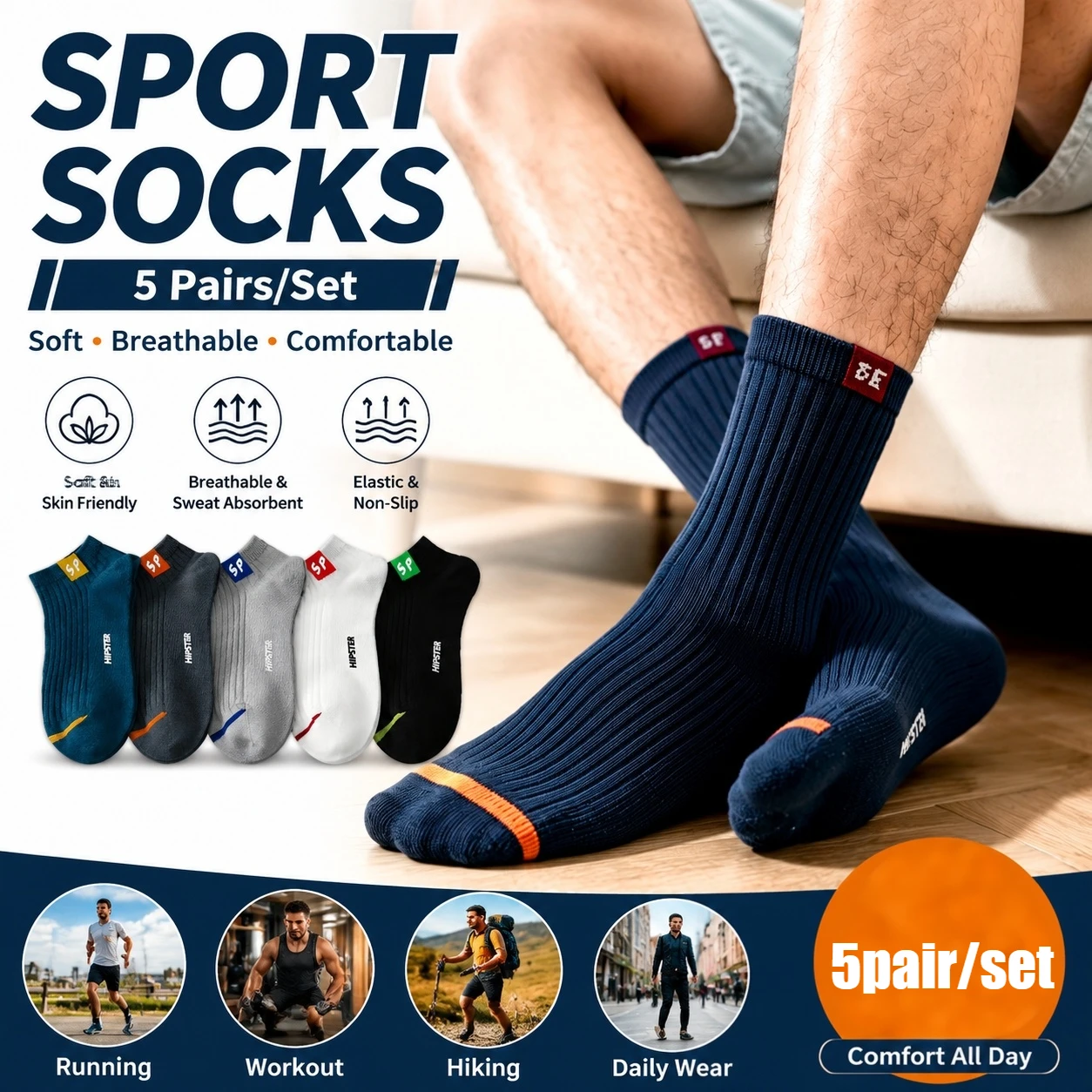 Spring Summer Thin Men Cotton Socks 5 Pairs Breathable Solid Striped Sweat Absorbing Casual Sports Tube Socks