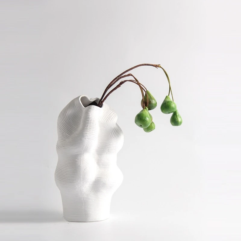 Modern simple white wide-mouth ceramic flower ware model room, homestay ornament, living room, coffee table, restaurant