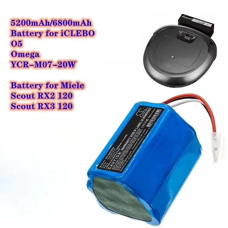 

Robot Vacuum Cleaner Battery 5200mAh/6800mAh YCR-MT12-S1 for iCLEBO Omega O5, YCR-M07-20W, for Miele Scout RX2 120,Scout RX3 120