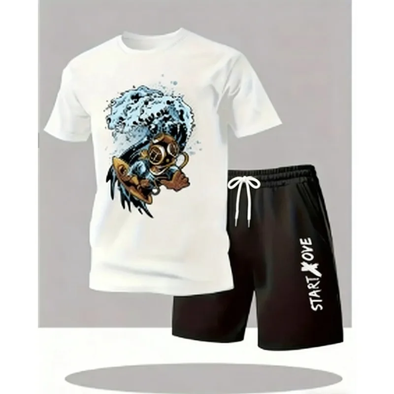 

Летний мужской повседневный комплект: футболка с коротким рукавом и шорты для спорта — удобный, легкий, быстросохнущий набор с принтом.