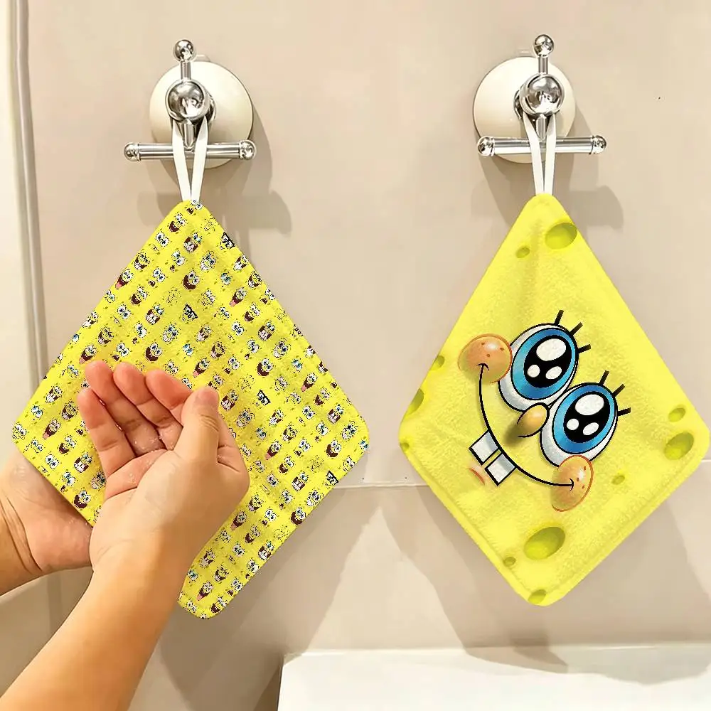 Cute S-Spongebobs Anime Hanging Kitchen Towel, Polyester Cotton Fabric, Absorbent Hand Wiping Towel for Home Dormitory