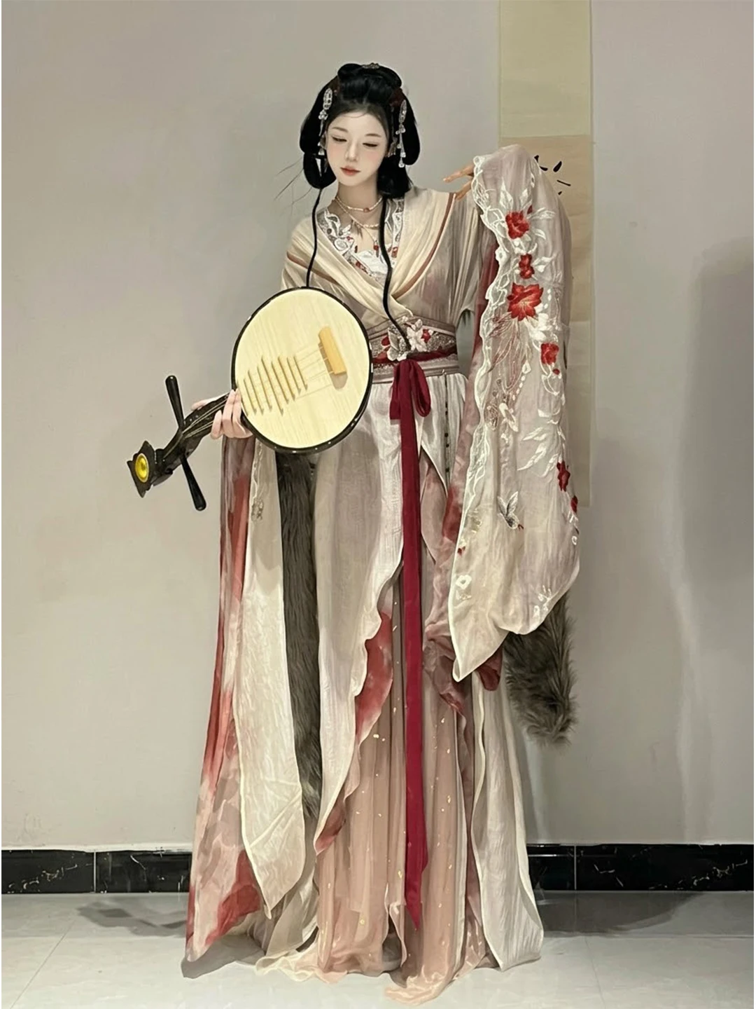 New 2026 Women's Hanfu Ancient War Period Gown with Strap Large Sleeve Asymmetrical Lace Design Autumn Winter Traditional Chi...