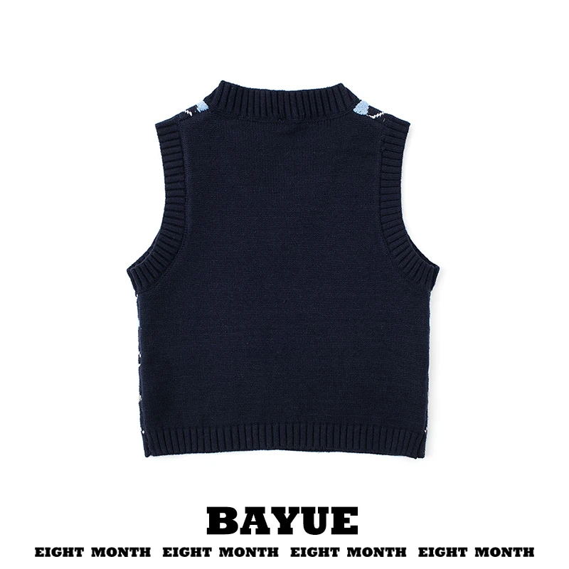 Short Knitted Sweater Vest Women's V-neck Street Style Retro Color Block Diamond Pattern August American Style Outerwear Top
