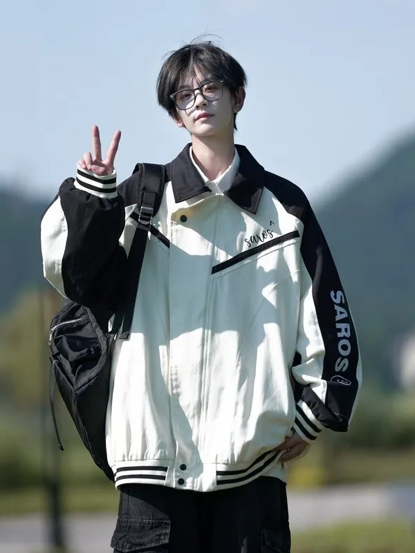 Loose Men's Baseball Jacket Autumn Winter Cotton Workwear Vintage Color Block Design Fashionable Youth Outerwear Coat