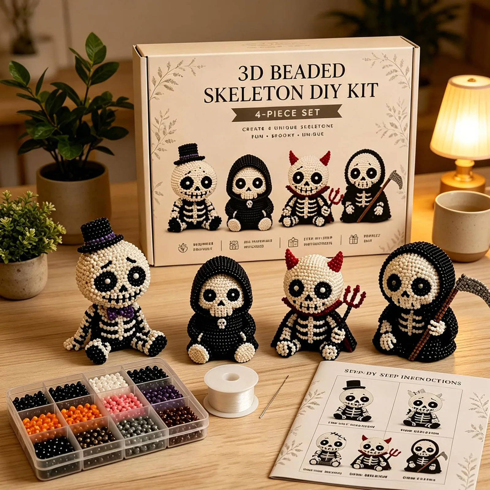 3D Beaded Skeleton DIY Kit Creative Gothic Style Craft Set For Kids Adults Fun Spooky Art Project Gift For Halloween Parties