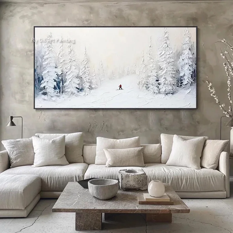 Handpainted White Snow Mountains Canvas Thick Artwork Large People Skiing In Winter Oil Painting New Wall Art For Home Decor