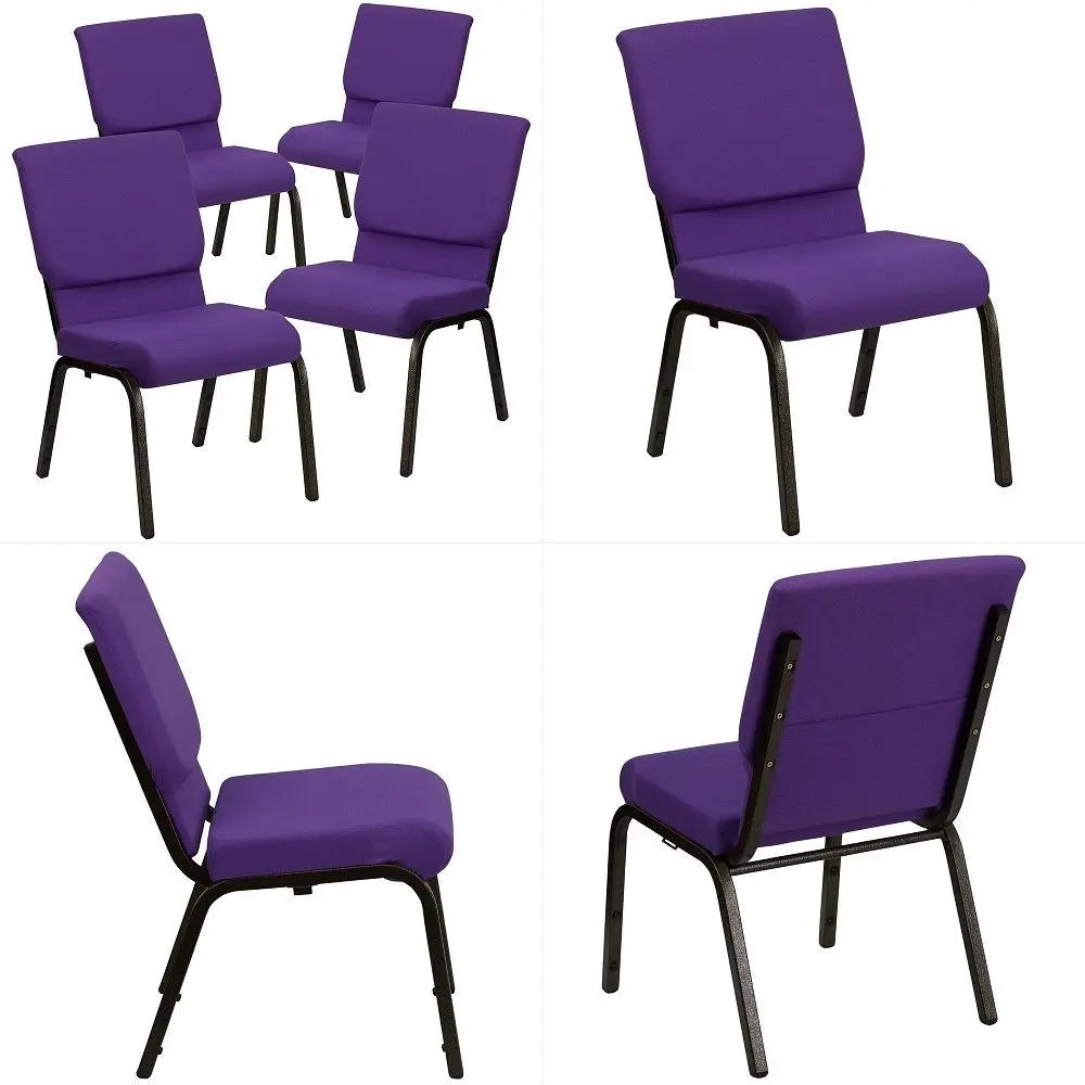 

4 Pack HERCULES Series 18.5W Stacking Church Chair in Purple Fabric Gold Vein Frame